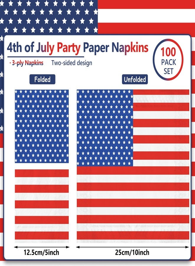 JarThenaAMCS 100Pcs 4th of July Paper Napkins 3ply American Flag Star Stripe Disposable Beverage Napkins Patriotic Cocktail Dinner Napkins for Independence Day Party Supplies - Image 2